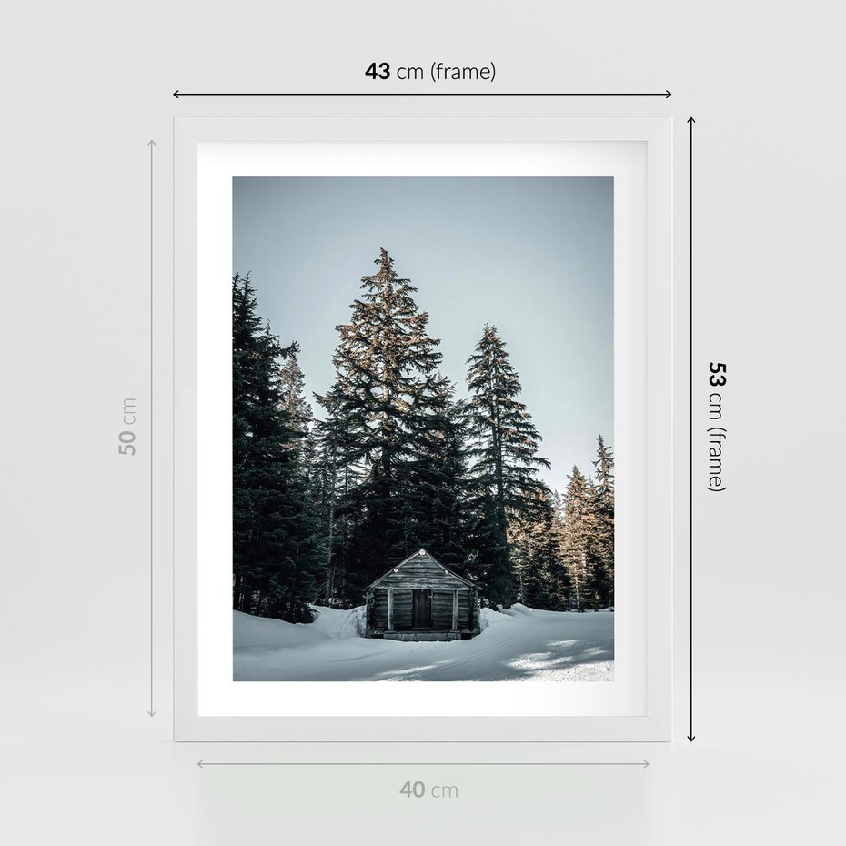 Plakat w ramie 40x50 - Chatka w Górach w Czasie Zimy - chatka w górach, zima - rama biała