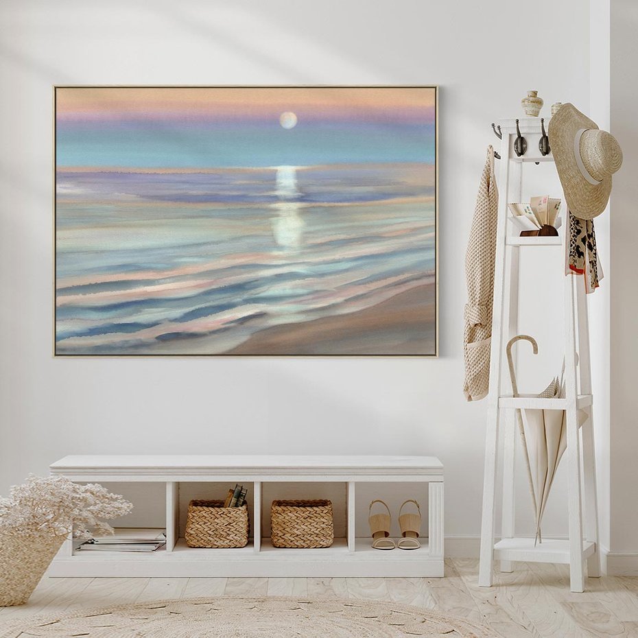 Obraz w ramie 100x70 - Witraże roziskrzonych myśli - akwarela, zamglony wschód słońca - rama drewno