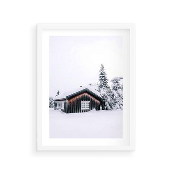 Plakat w ramie 40x50 - Zimowy Azyl: Domek w Górach - domek w górach, śnieg - rama biała