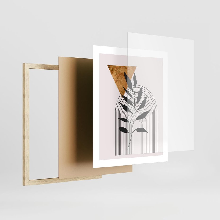 Plakat w ramie 40x50 - Geometria z Elementami Złota i Liści - grafika, złoto - rama drewno