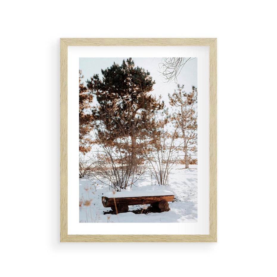Plakat w ramie 30x40 - Ławka Pod Śniegiem - zimowy pejzaż, ławka pod śniegiem - rama drewno