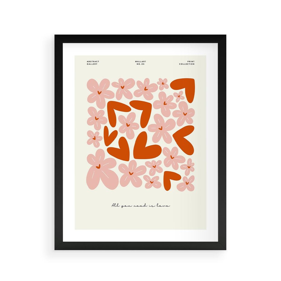 Plakat w ramie 40x50 - Miłość w Kompozycji - grafika, kompozycja kwiaty i serca - rama czarna