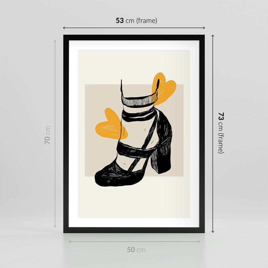Plakat w ramie 50x70 - Elegancja w Szkicu: Stopa w Bucie na Obcasie - grafika, czarny szkic - rama czarna