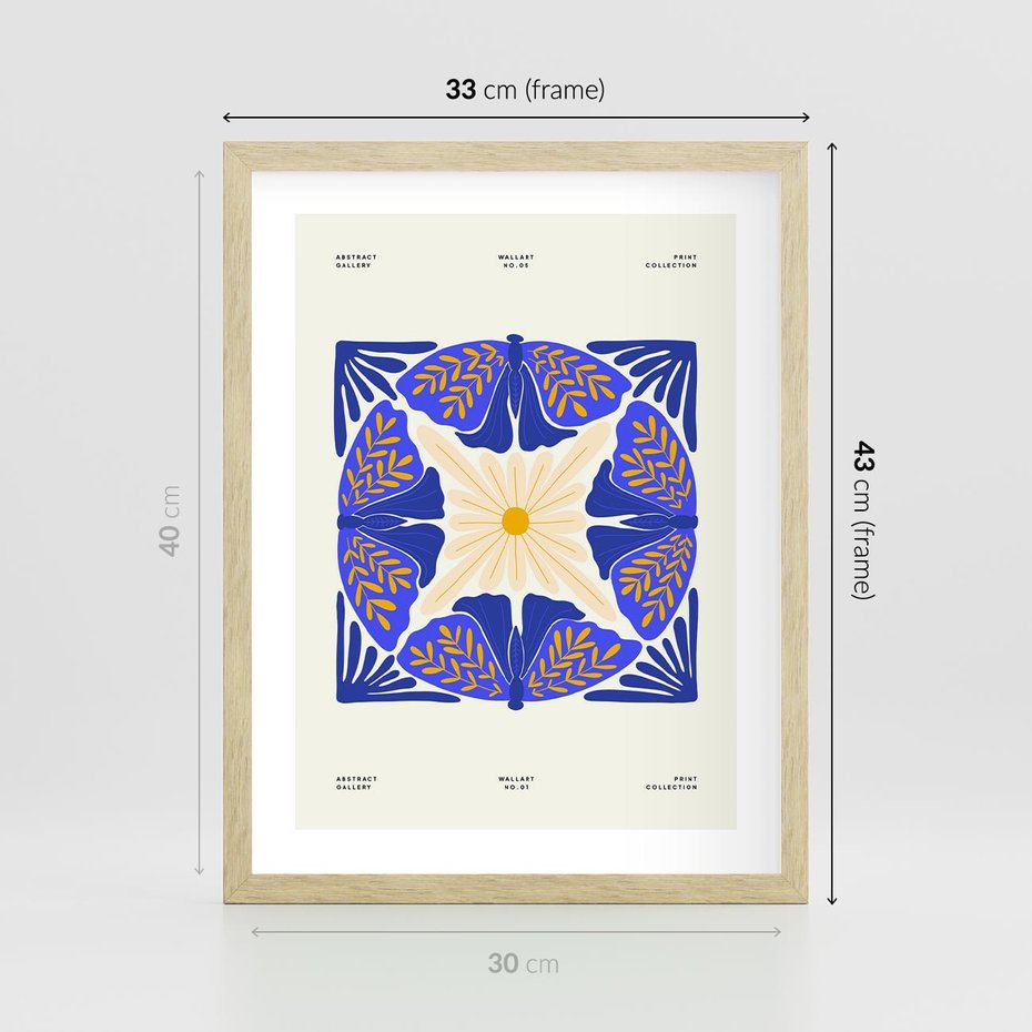 Plakat w ramie 30x40 - Księga Abstrakcji - abstrakcyjna boho kompozycja, granatowe ćmy - rama drewno