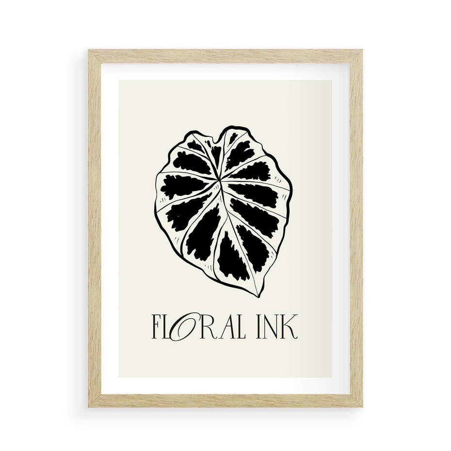 Plakat w ramie 50x70 - Zapisane na liściach wspomnienia - liść, czarny kontur na jasnym tle - rama drewno