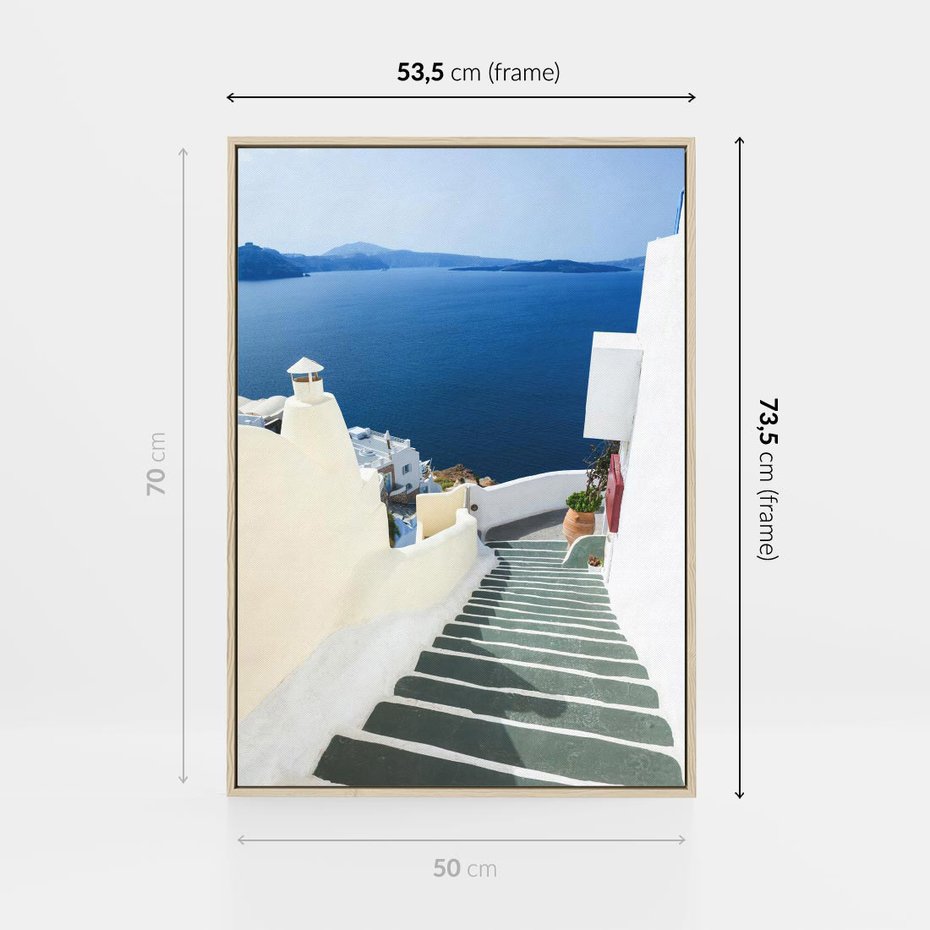 Obraz w ramie 50x70 - Malowniczy urok wyspy - Santorini, schodki - rama drewno