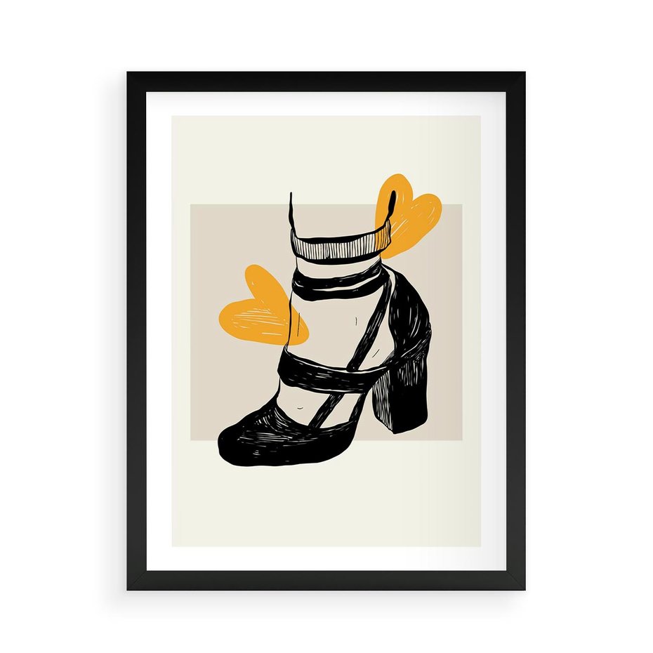 Plakat w ramie 50x70 - Elegancja w Szkicu: Stopa w Bucie na Obcasie - grafika, czarny szkic - rama czarna