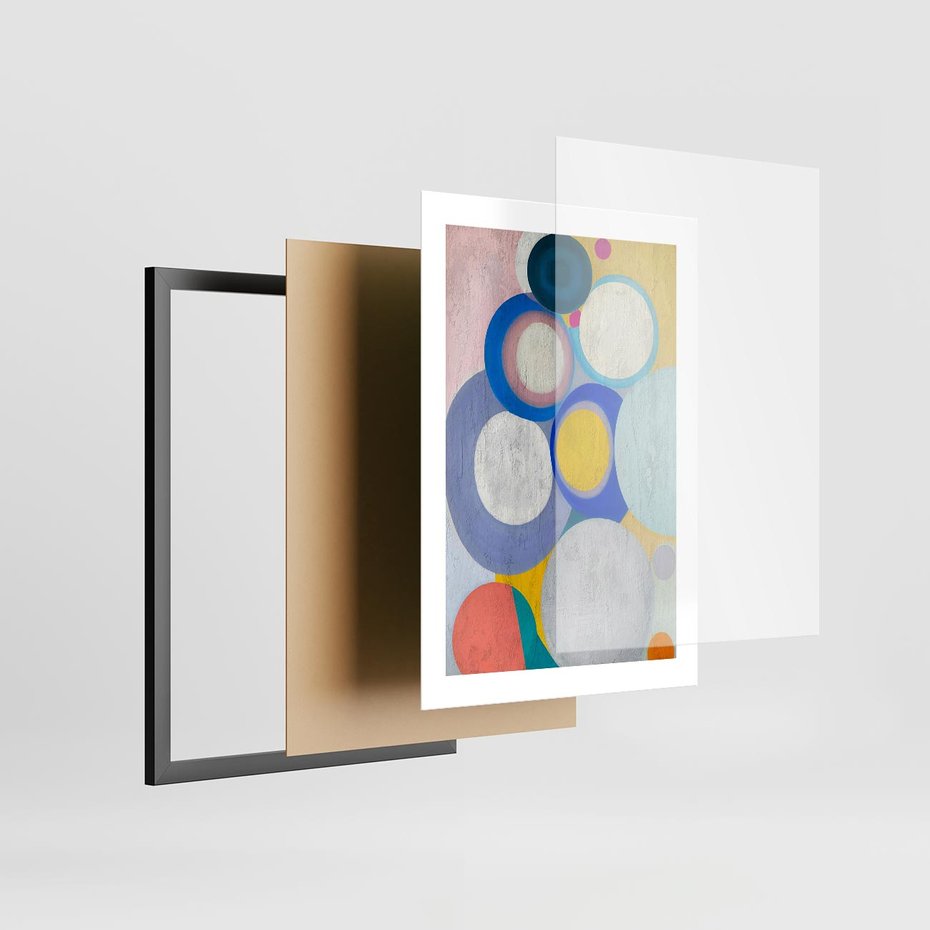 Plakat w ramie 30x40 - Rozkwitająca Symfonia Serca - abstrakcyjne geometryczne kształty, olejny obraz - rama czarna