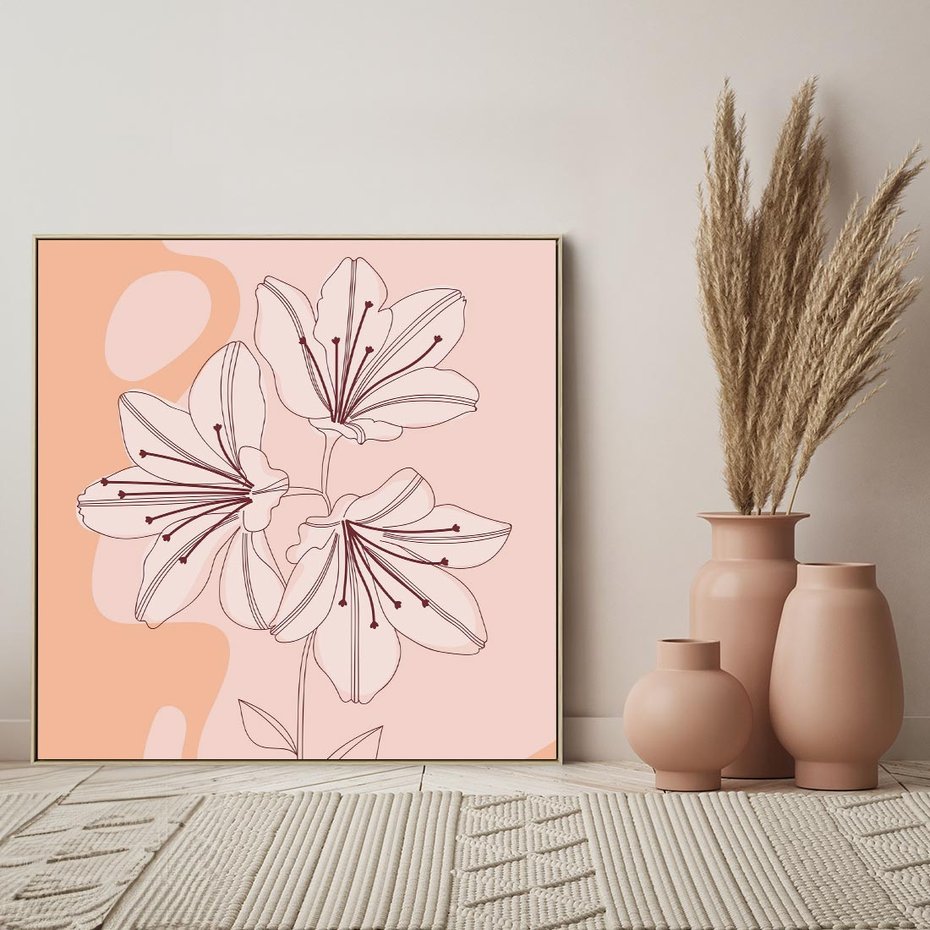 Obraz w ramie 80x80 - Kwiatowa Harmonia - minimalistyczny plakat, pudrowe kwiaty - rama drewno