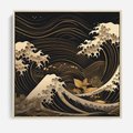 Obraz w ramie 50x50 - Złote Piękno - ciemny obraz, fala morska - rama drewno