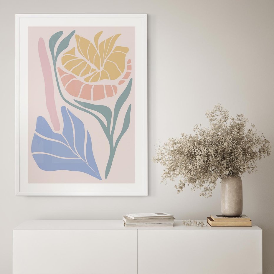Plakat w ramie 50x70 - Kwiatowe Granice Kształtów - nowoczesny plakat, kwiaty w pastelowych kolorach - rama biała