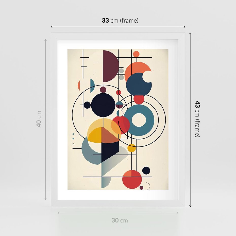 Plakat w ramie 30x40 - Rozbijające Barwne Granice - abstrakcyjna geometryczna kompozycja, koła linie - rama biała
