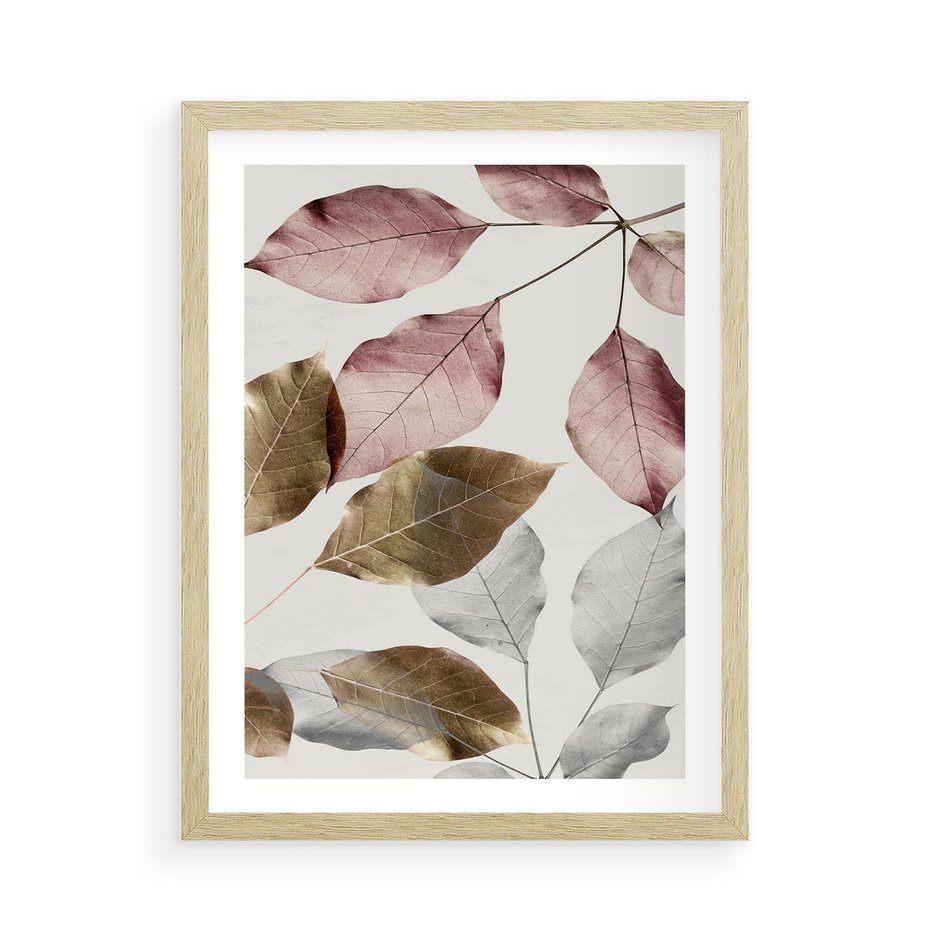 Plakat w ramie 50x70 - Pastelowe Liście z Nutką Złota - liście, pastelowe kolory - rama drewno