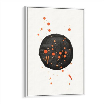 Obraz w ramie 50x70 - Impulsy Kreatywności - abstrakcyjna czarna plama, rozsiane pomarańczowe kropki - rama biała