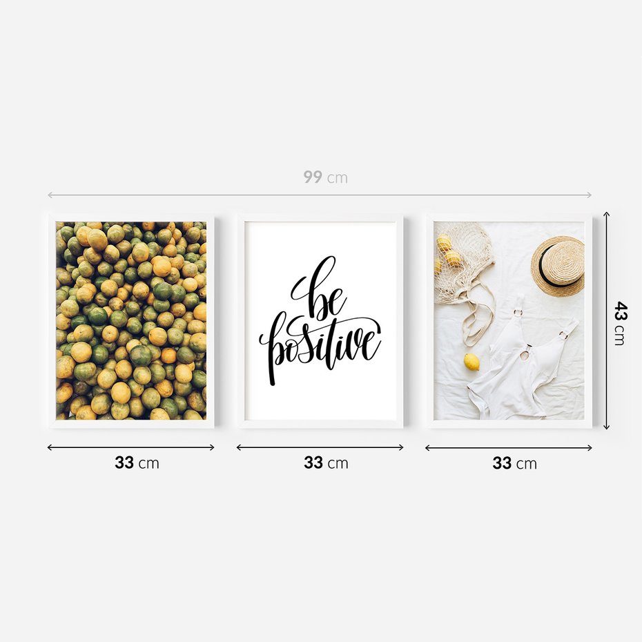 Zestaw obrazy w ramie 30x40 galeria - Cytryny, optymizm, typografia, napis - rama biała