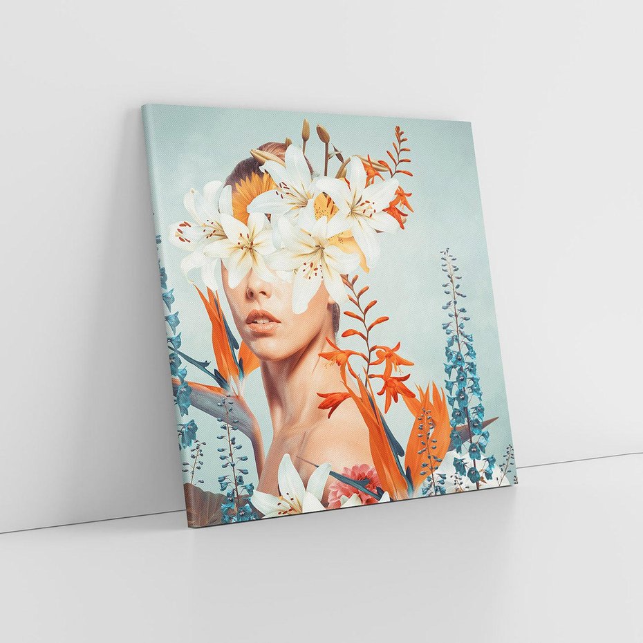 Obraz na płótnie 70x70 - Kwiatowa Enklawa Uroku - kolaż, nierealna kompozycja