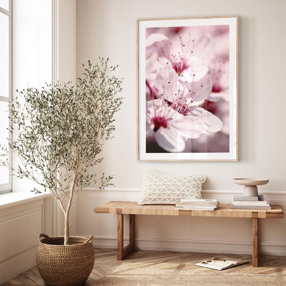 Plakat w ramie 30x40 - Kwitnąca Wiśnia - kwiaty, kwitnąca - rama drewno