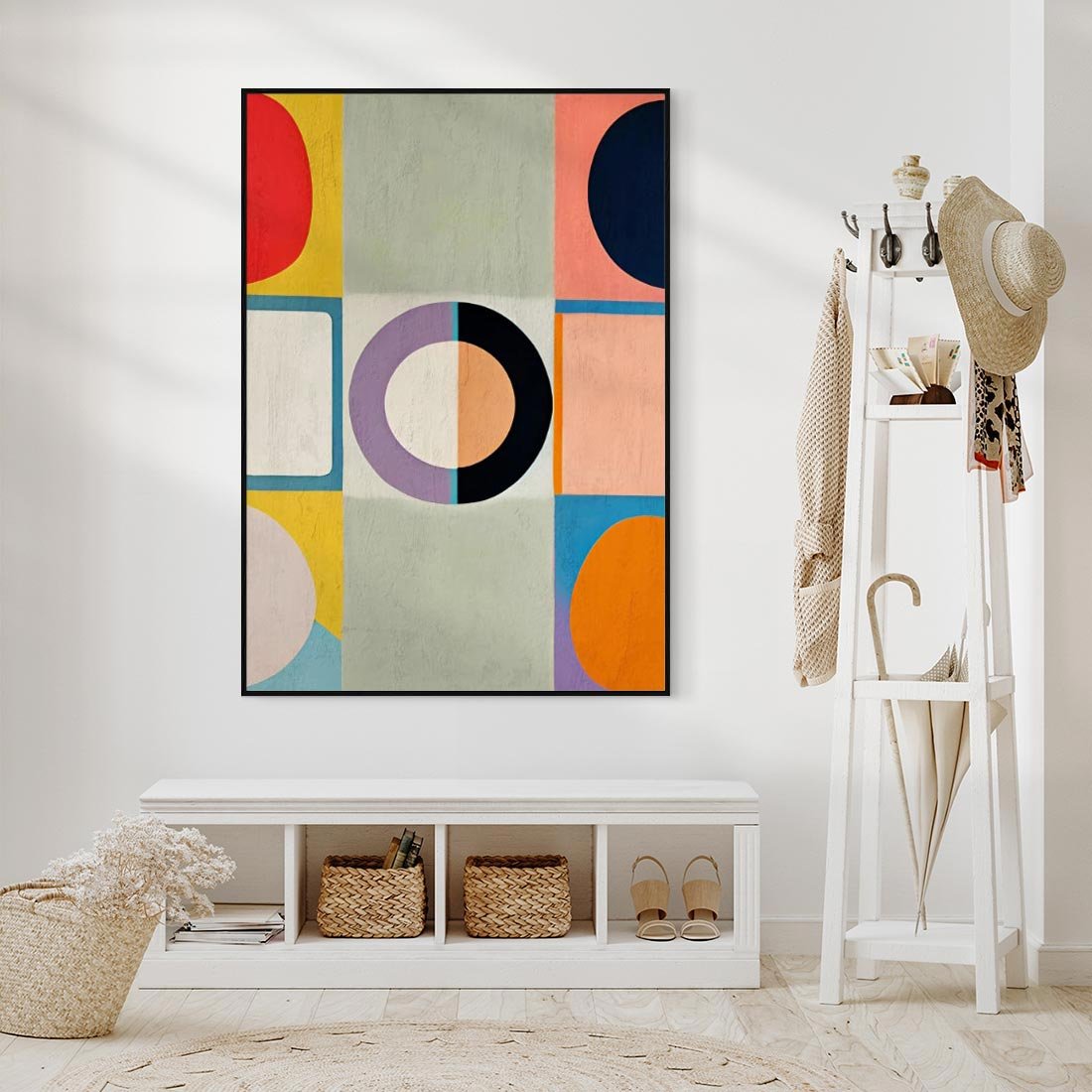 Obraz w ramie 70x100 - Taniec Kształtów Emocji - abstrakcyjne geometryczne kształty, olejny obraz - rama czarna