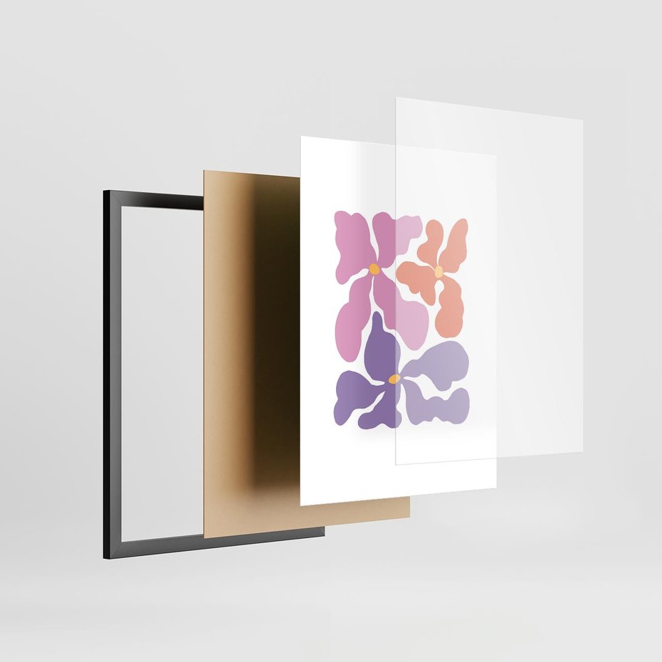 Plakat w ramie 50x70 - Bezgraniczne Wibracje - abstrakcyjne kolorowe kwiaty, minimlizm - rama czarna