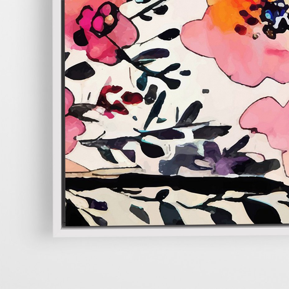 Obraz w ramie 50x70 - Opowieść w kroplach farb - akwarelowe kwiaty, mocna ornamentowa czarna ramka namalowana dookoła obrazu - rama biała