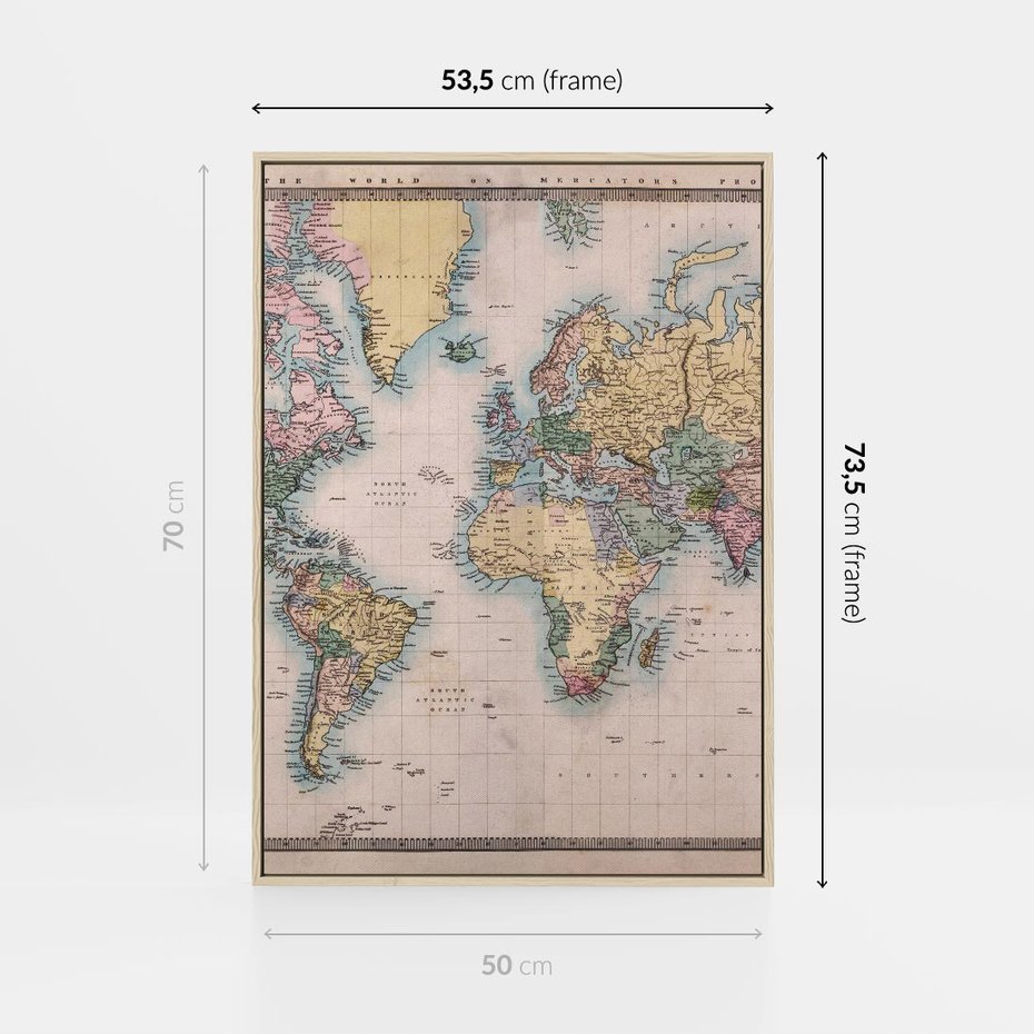 Obraz w ramie 50x70 - Światło Przeszłości - retro mapa świata, mapa - rama drewno