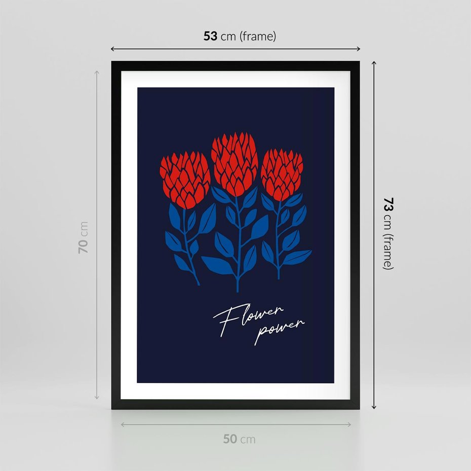 Plakat w ramie 50x70 - Podróżne Barwy - czerwone abstrakcyjne kwiaty, granatowe tło - rama czarna