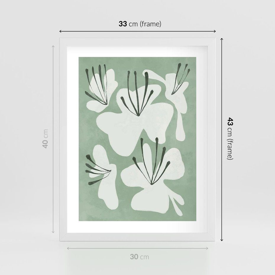 Plakat w ramie 30x40 - Rozkwitające Ukojenie - zgaszona zieleń, kwiaty - rama biała