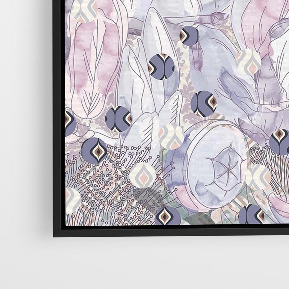 Obraz w ramie 70x50 - Malowane oddechy istnienia - pomieszane tekstury, kwiatowe elementy - rama czarna