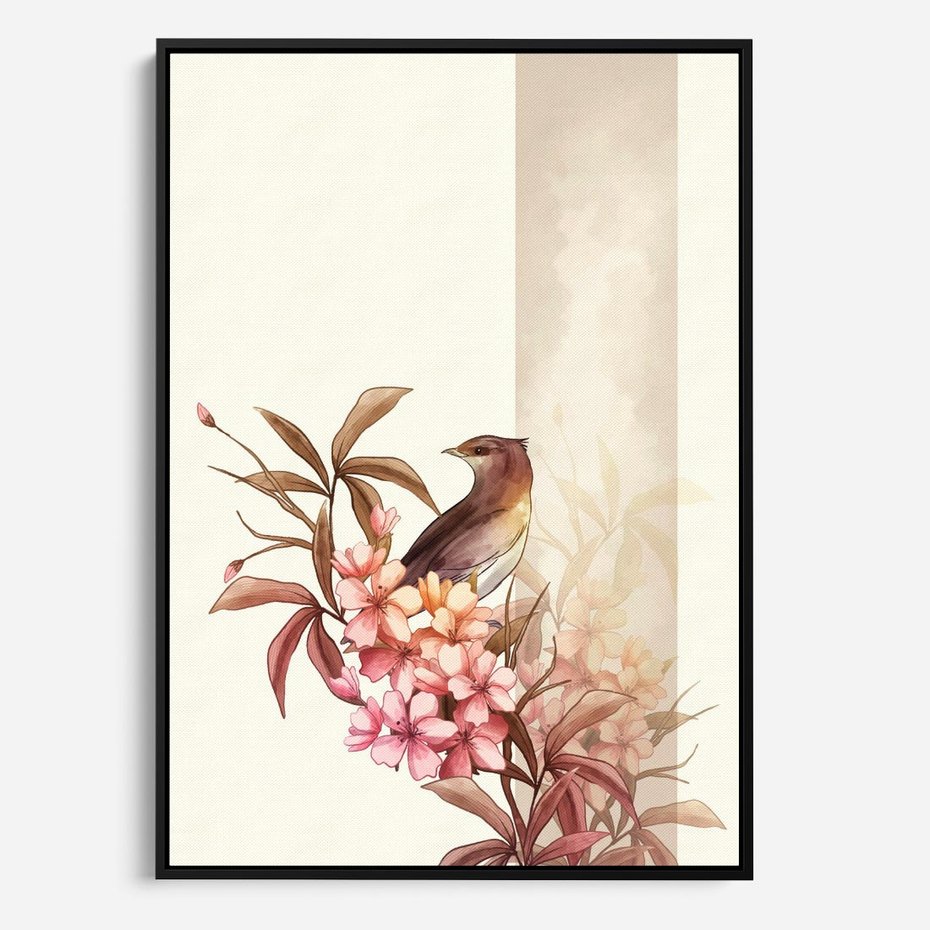 Obraz w ramie 70x100 - Kwiatowe Zanurzenie - japońska sztuka, ptak - rama czarna