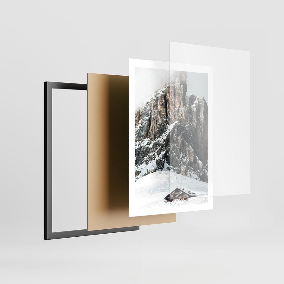 Plakat w ramie 50x70 - Górski Raj z Chatką - górskie szczyty, ośnieżone góry - rama czarna