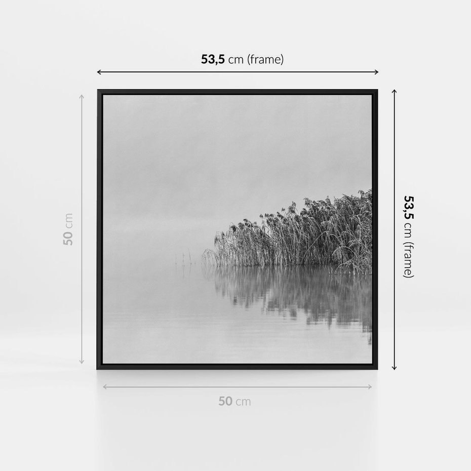 Obraz w ramie 50x50 - Mglisty Brzeg Jeziora - czarno białe zdjęcie, zamglone jezioro - rama czarna