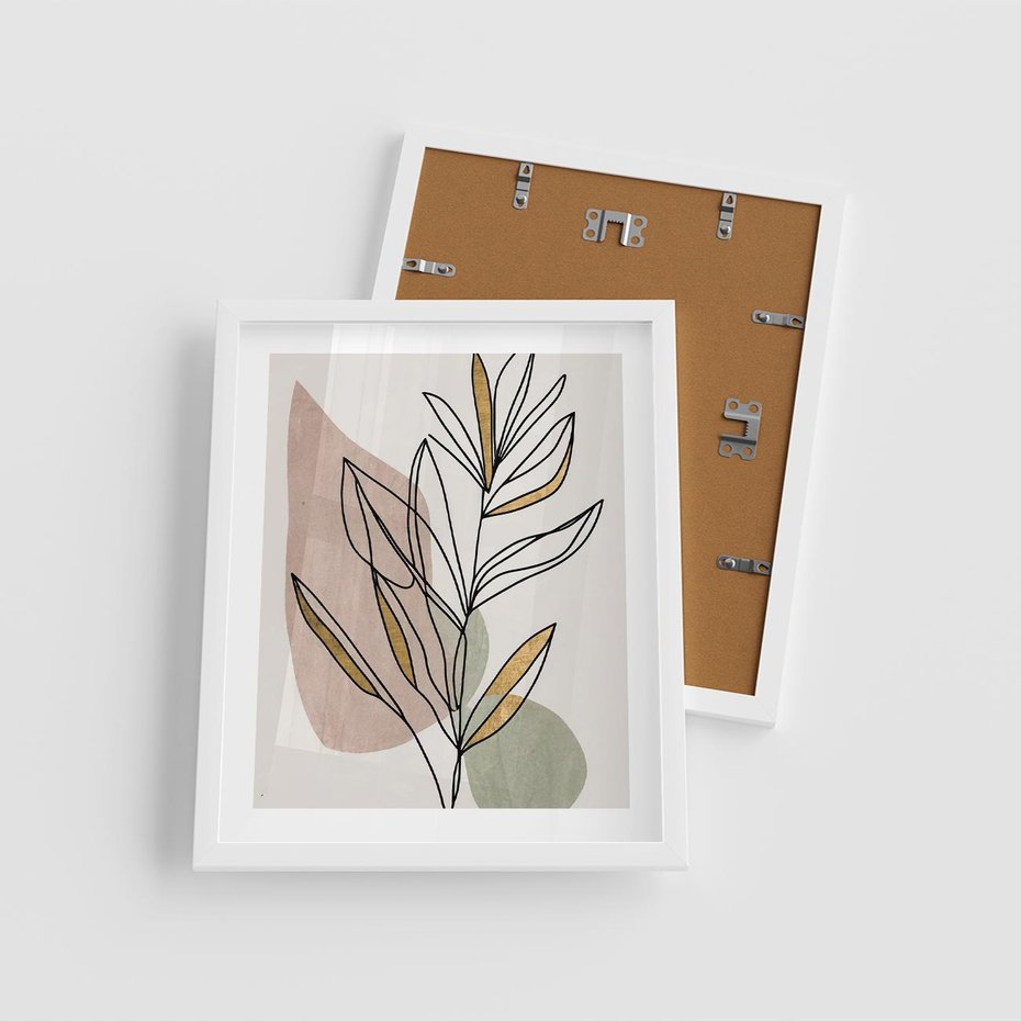 Plakat w ramie 40x50 - Impulsy Subtelnej Harmonii - abstrakcyjny obraz boho, liście - rama biała