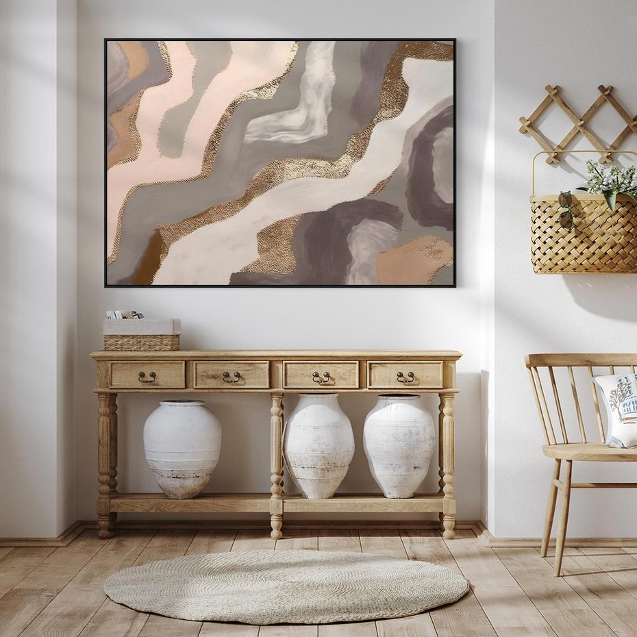 Obraz w ramie 70x50 - Płynne Fale - abstrakcja, neutralne kolory - rama czarna