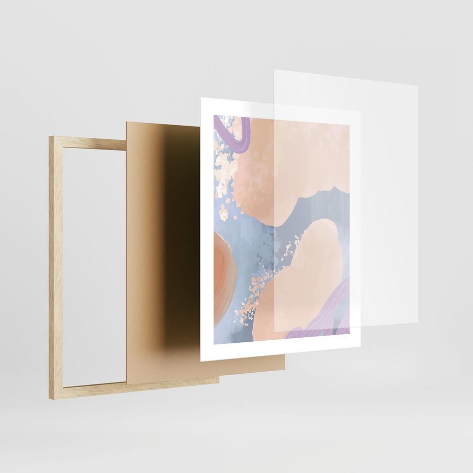 Plakat w ramie 40x50 - Przenikanie Niecodziennych Form - abstrakcyjne akwarelowe plamy, pastele - rama drewno