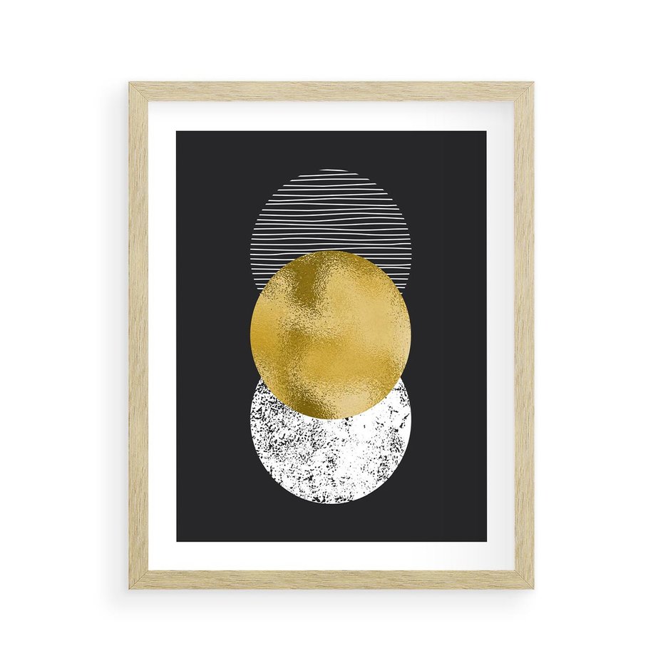 Plakat w ramie 40x50 - Geometryczna Perfekcja: Złote Koło - geometryczna grafika, złote koło - rama drewno