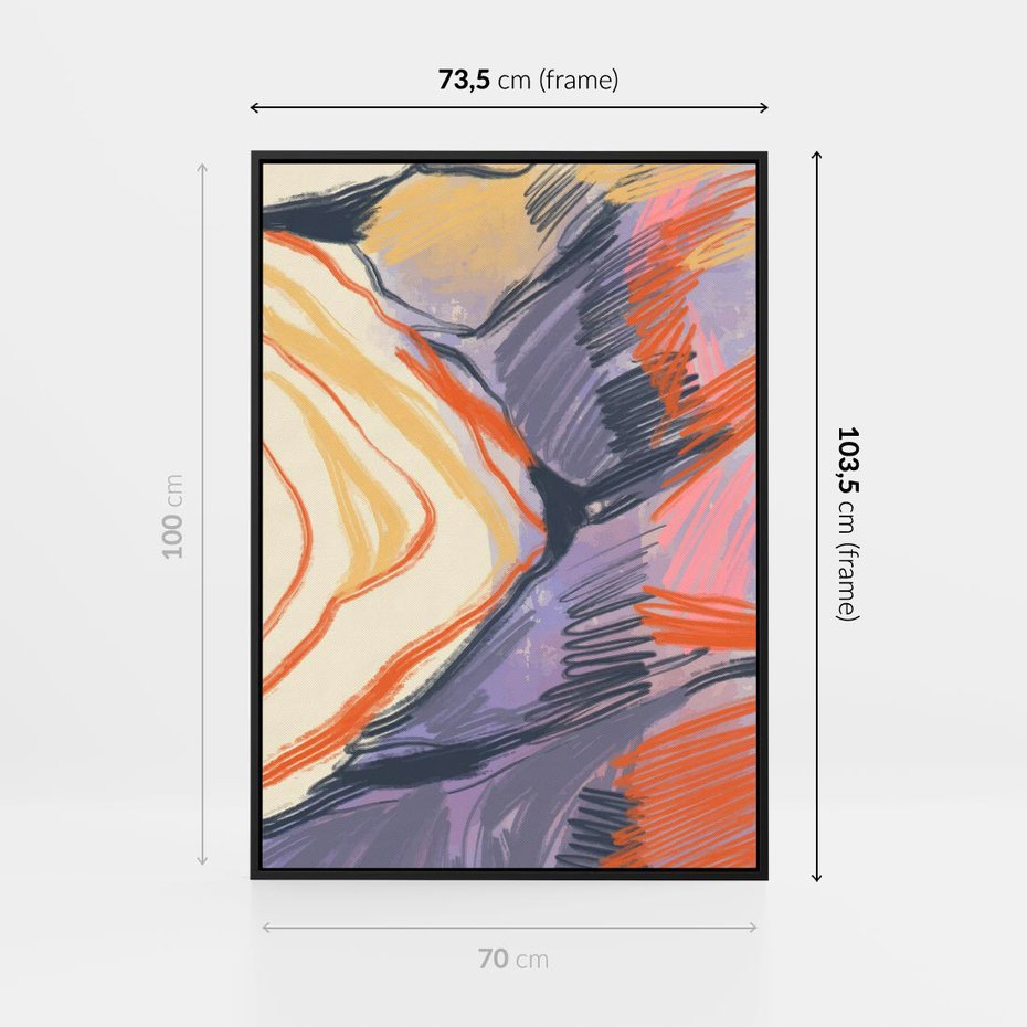 Obraz w ramie 70x100 - Pokreślony Świat - abstrakcyjne formy, odcienie pomarańczu i fioletu - rama czarna