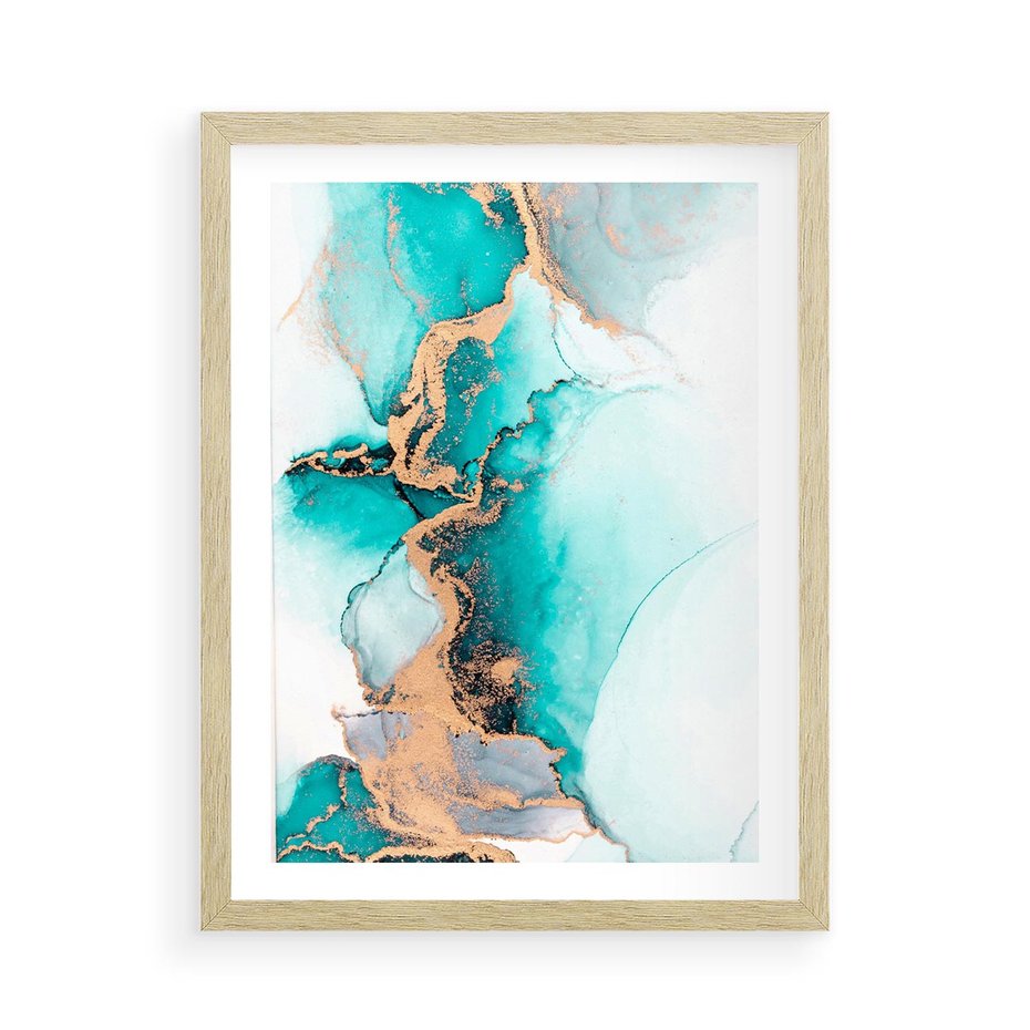 Plakat w ramie 50x70 - Elegancja i Subtelność - marmur, złoto - rama drewno