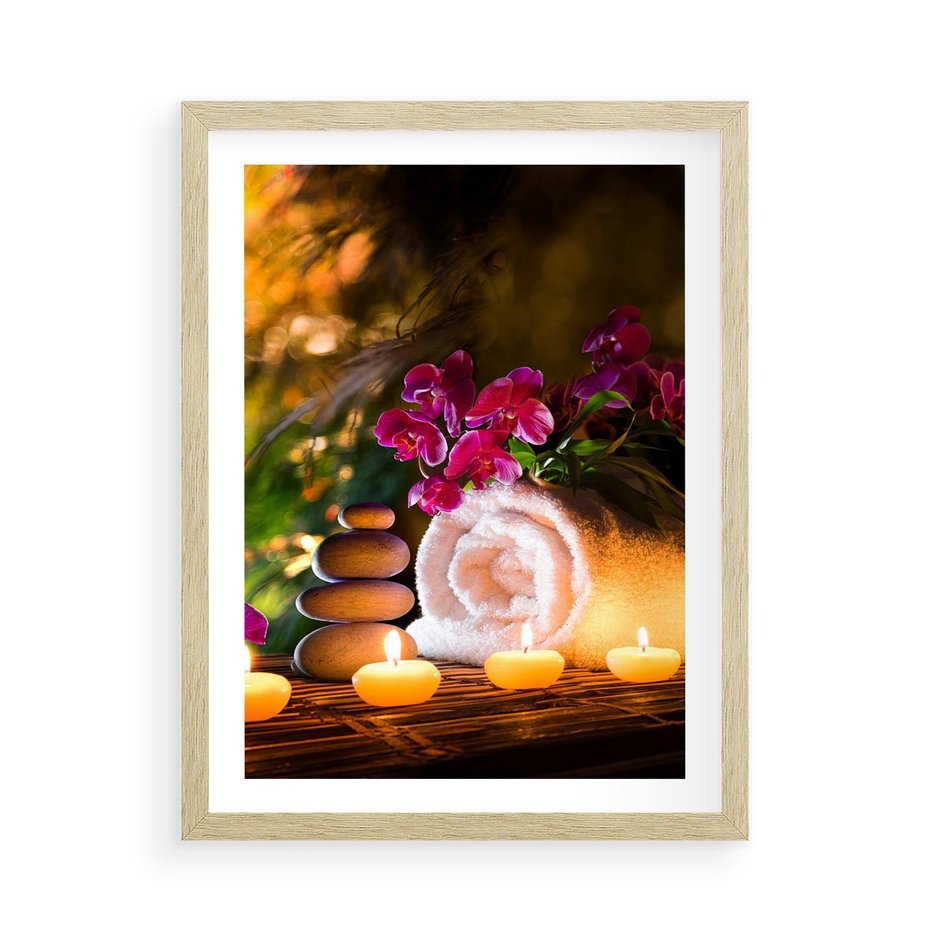 Plakat w ramie 50x70 - Relaksujące spa z płonącymi świecami - spa, świece - rama drewno
