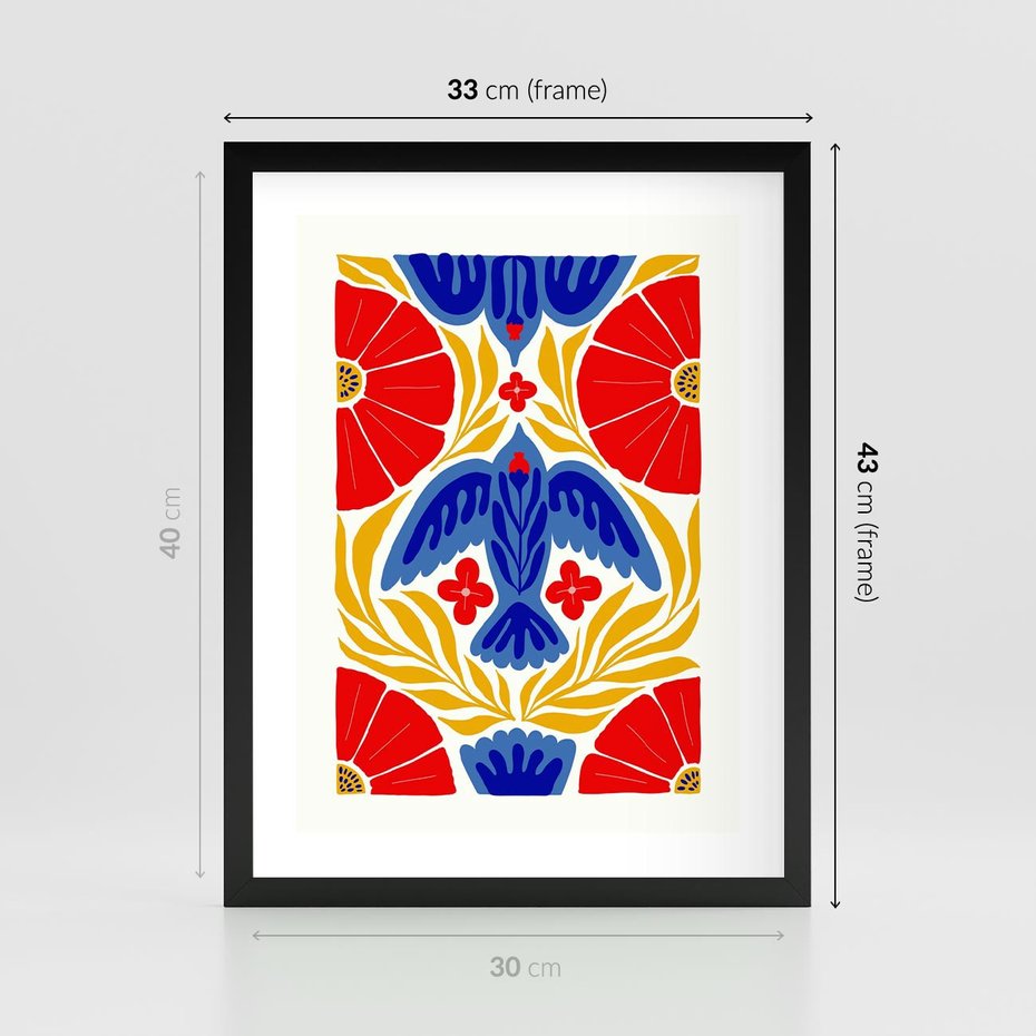 Plakat w ramie 30x40 - Eklektyczny Majestat - wyrazista grafika, mocne kolory czerwień niebieski żółty - rama czarna