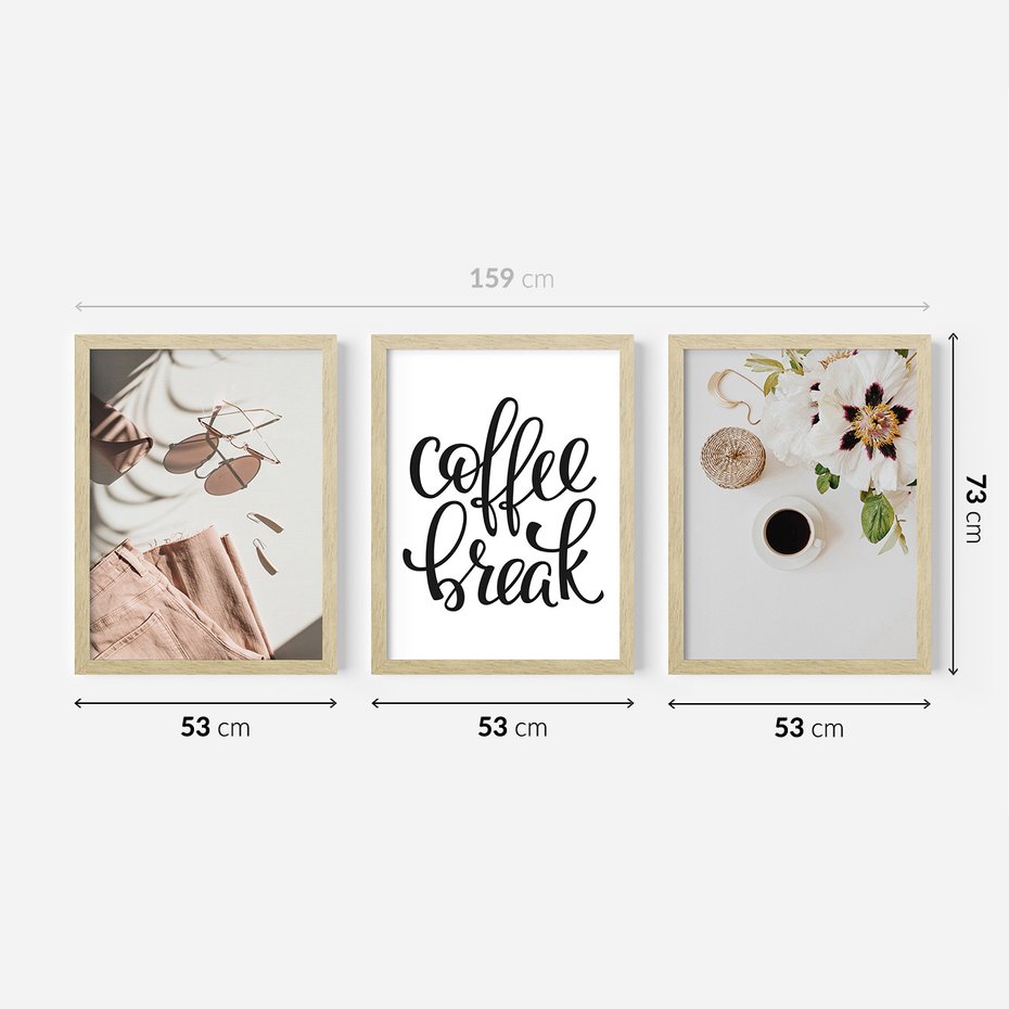 Zestaw obrazy w ramie 50x70 galeria - Coffee, break, kawa, napis - rama drewno