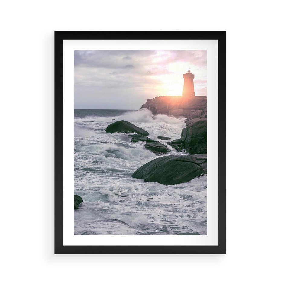 Plakat w ramie 50x70 - Latarnia, Zachód Słońca i Fale - latarnia na klifie, zachód słońca - rama czarna