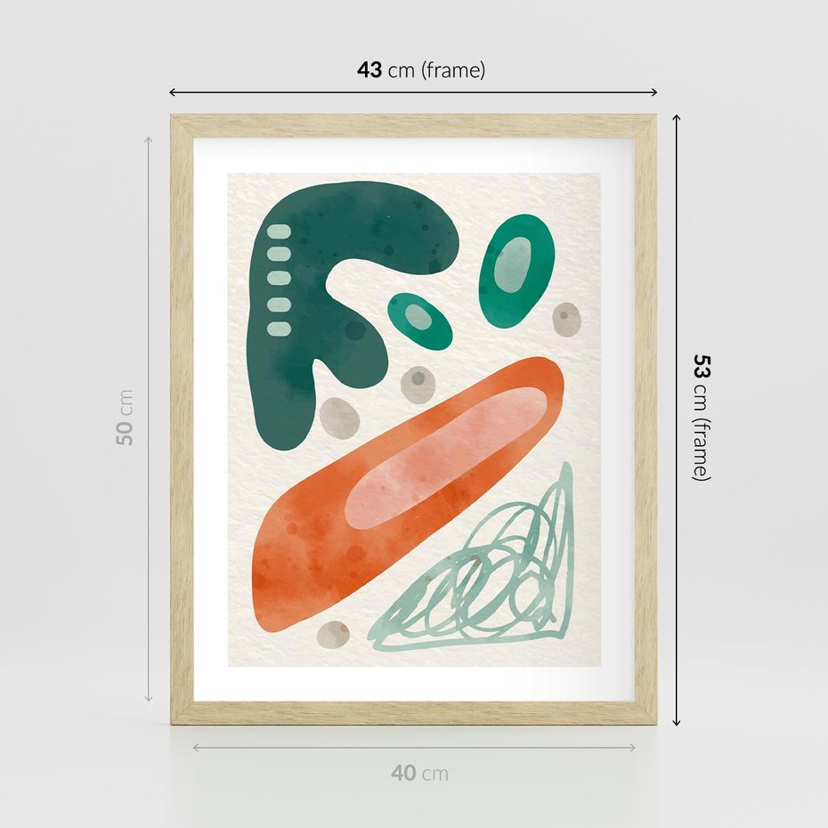 Plakat w ramie 40x50 - Podróżne Wizje - abstrakcyjne plamy, zielony - rama drewno