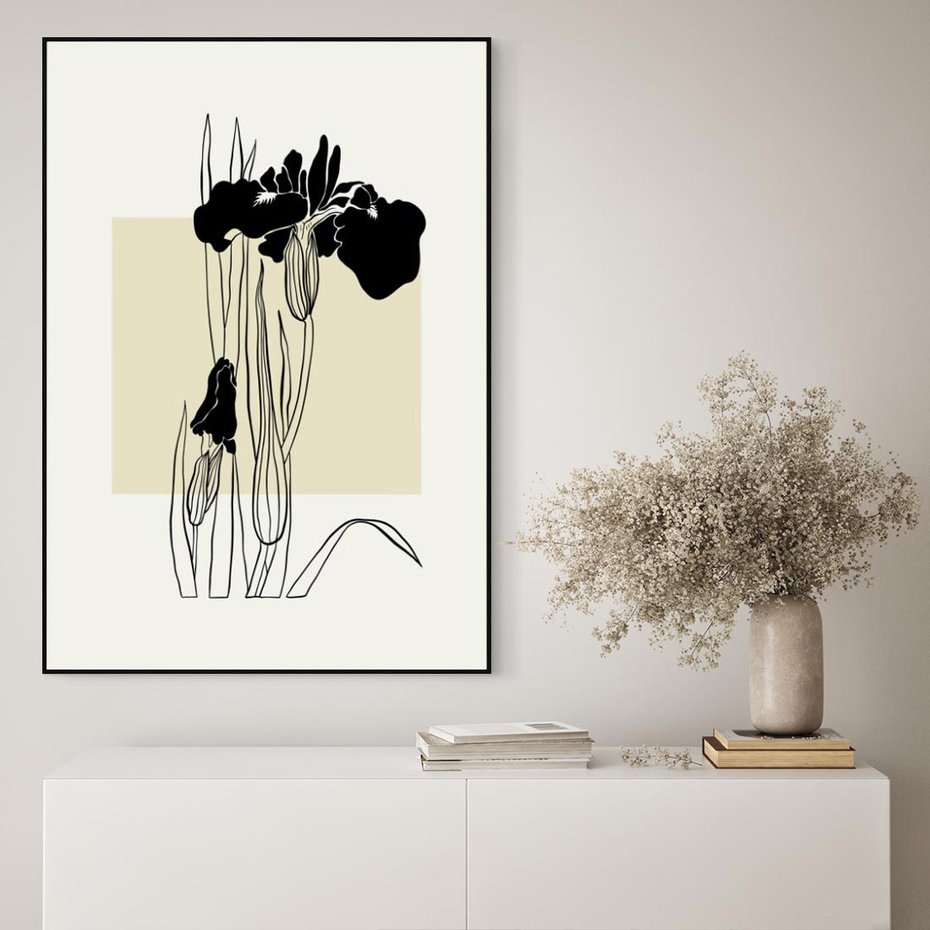 Obraz w ramie 70x100 - Rozkwitające w konturach - irys, kwiaty - rama czarna