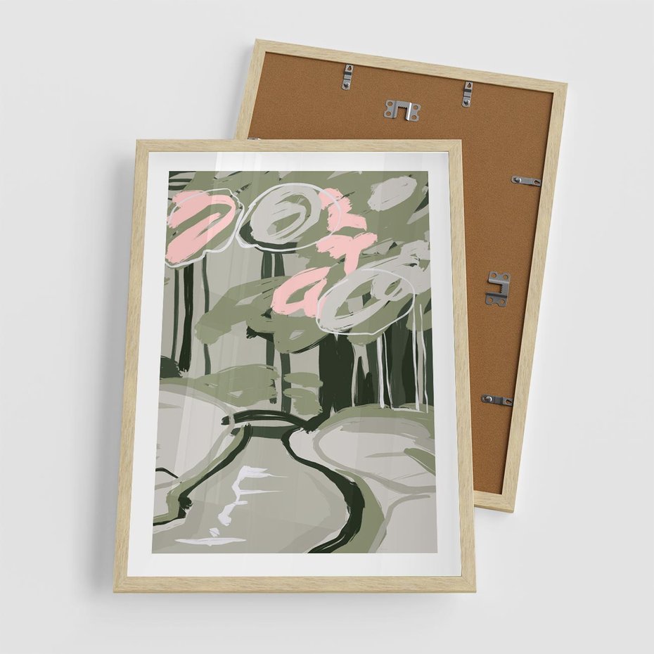 Plakat w ramie 50x70 - Leśny Zakątek - pastelowy krajobraz, nowoczesny plakat - rama drewno