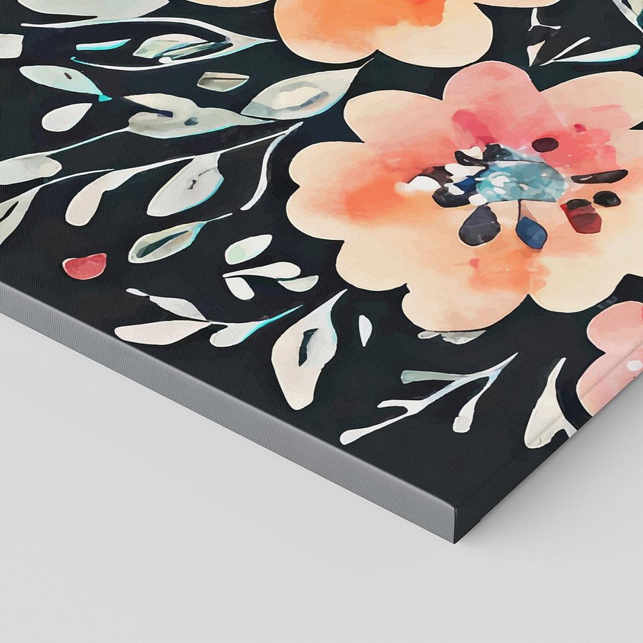 Obraz na płótnie 90x30 - Labirynty melancholii - akwarelowe, pastelowe kwiaty na czarnym tle