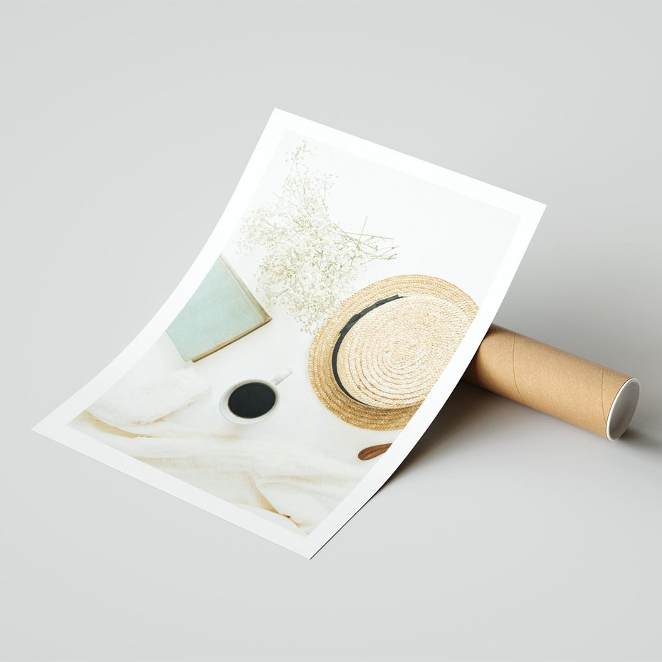 Plakat bez ramy 40x50 - Boho Urok - kompozycja boho, slomkowy kapelusz