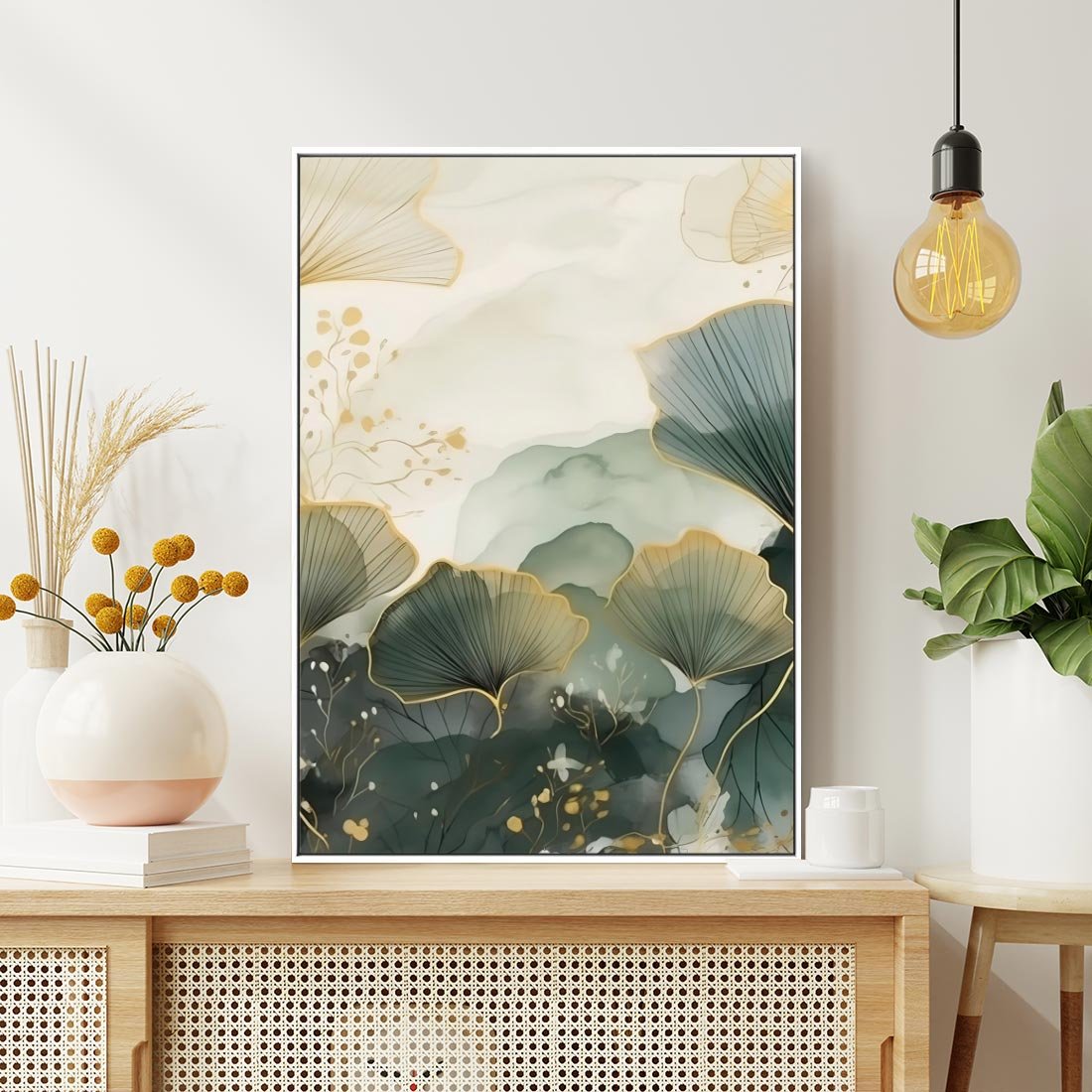 Obraz w ramie 70x100 - Natura w Złotym Odcieniu - złote elementy, liście miłorzębu japońskiego - rama biała