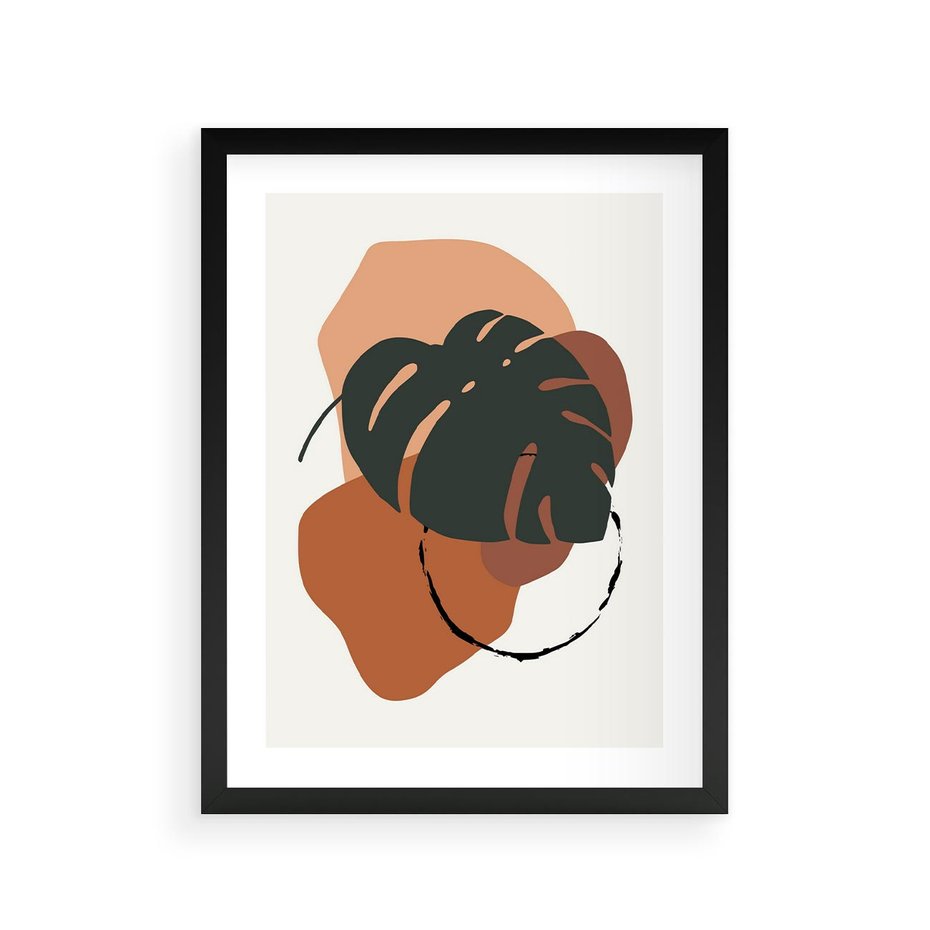 Plakat w ramie 30x40 - Brązowa Ekspresja - liść monstery, boho obraz - rama czarna