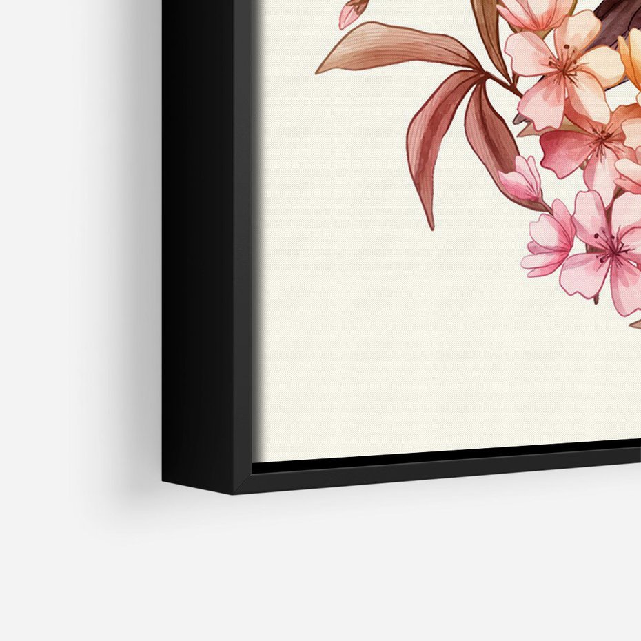 Obraz w ramie 70x100 - Kwiatowe Zanurzenie - japońska sztuka, ptak - rama czarna