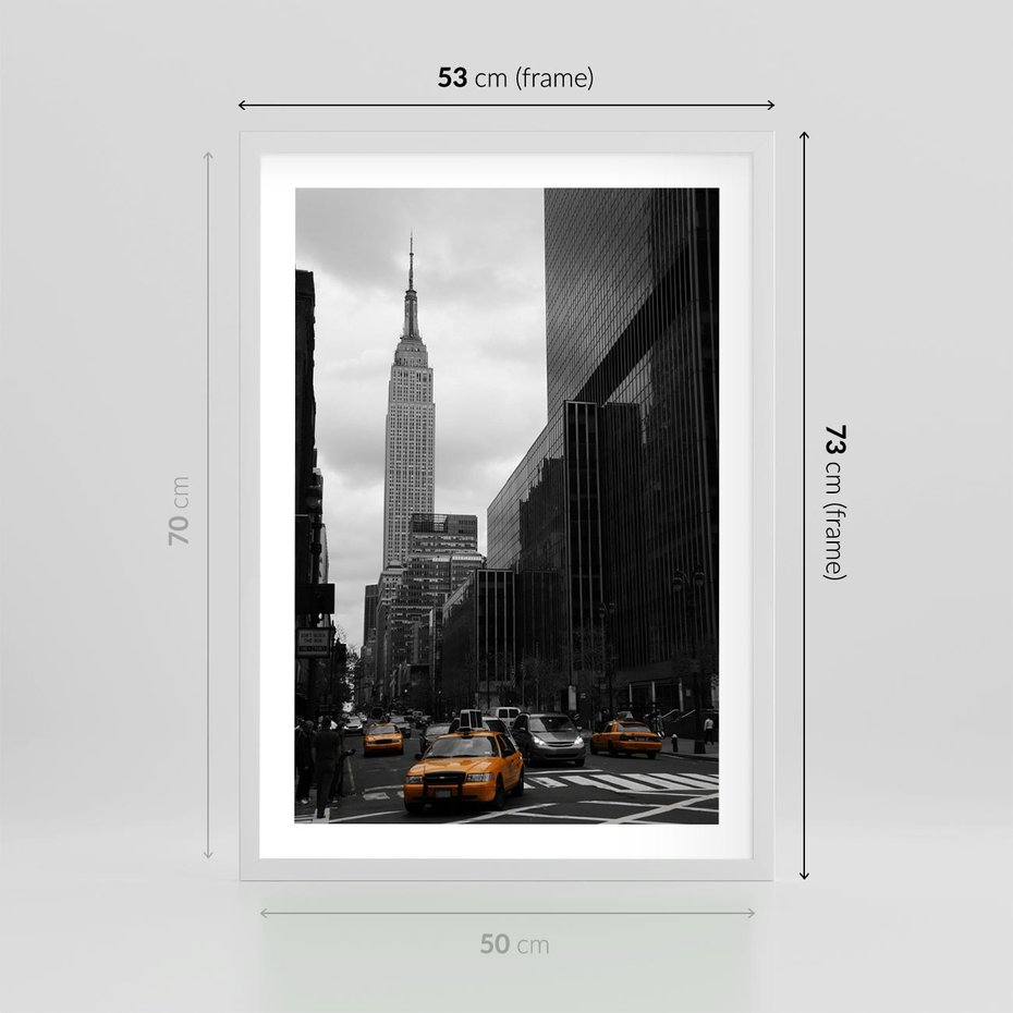 Plakat w ramie 50x70 - Nowy York, taksówka w ruchu - Nowy York, taksówka - rama biała